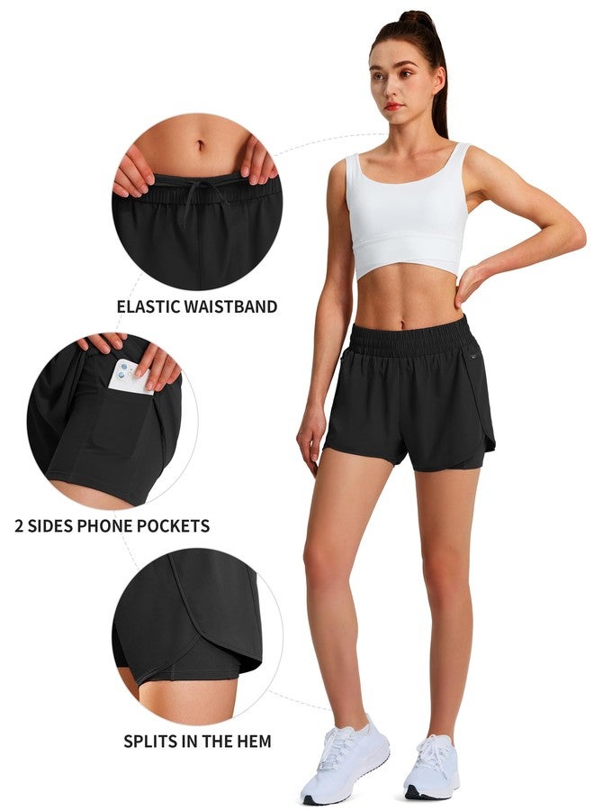 Ksmien Women's Running Shorts Quick Dry Lightweight Athletic Workout Shorts with Liner Phone Pockets Black - Image 3